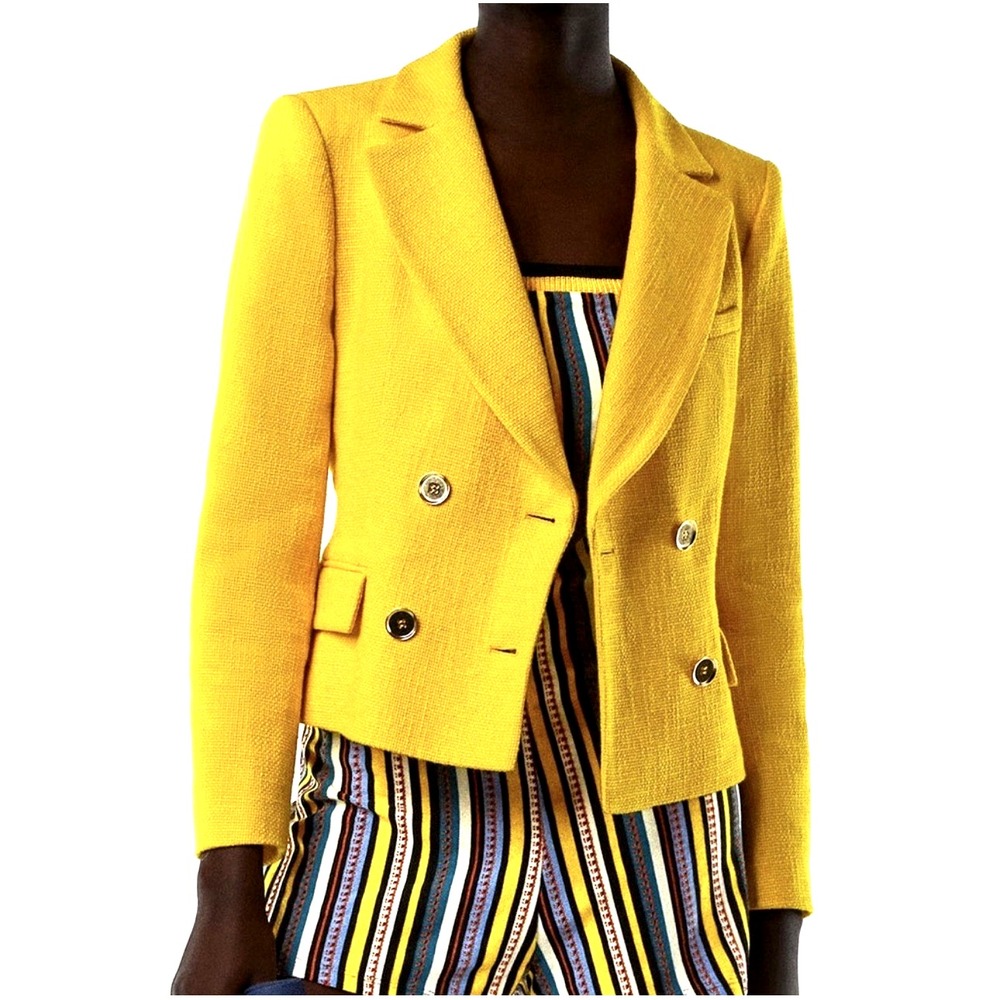 NEW! Zara Textured Double Breasted Cropped Blazer Jacket Gold Buttons Yellow